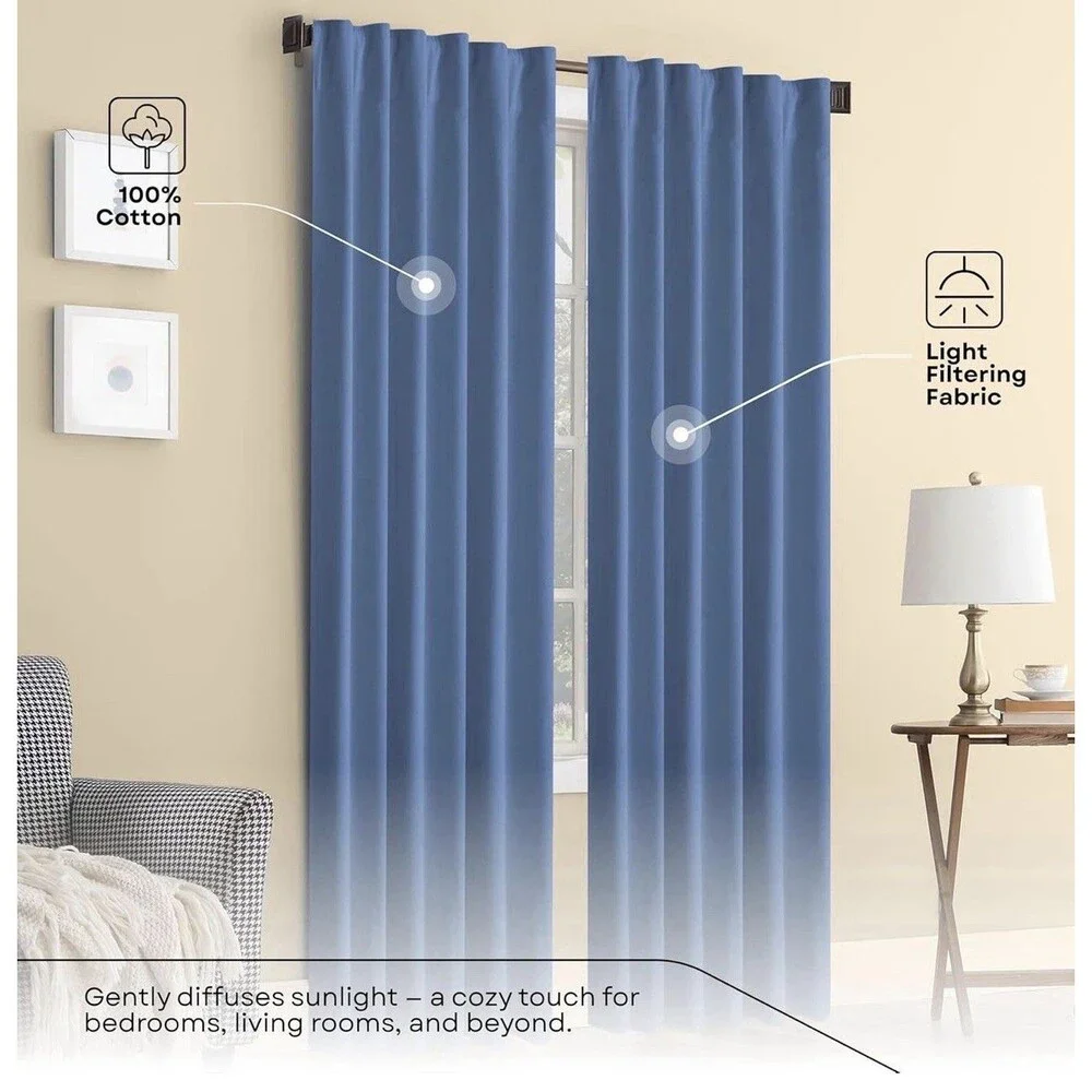 Heirloom Comfort Coastal Farmhouse Curtains Sky Blue 84” Cotton Panel Set 2